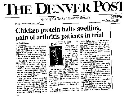 Chicken protein halts swelling, pain of arthritis patients in trial.